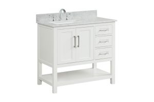 Dove White Santorini 36" X 22" 34 1/4" Vanity Door on the Left (Assembled, Comes with Carrara Marble Top, Square Sink, and Handles)