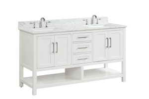 Dove White Santorini 60" X 22" X 34 1/4" Vanity Double Sinks ( Assembled, Comes with Carrara Marble Top, Square Sinks, and Handles)