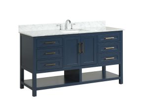 Aria Blue Santorini 60" X 22" X 34 1/4" Vanity Single Sink ( Assembled, Comes with Carrara Marble Top, Square Sinks, and Handles)