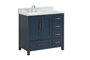 Aria Blue Valencia 36" X 22" X 34 1/4" Vanity Door on the Left ( Assembled, Comes with Carrara Marble Top, Square Sink, and Handles)