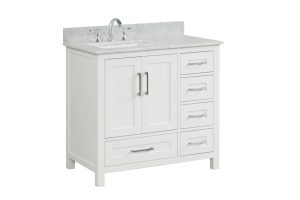 Dove White Valencia 36" X 22" X 34 1/4" Vanity Door on the Left ( Assembled, Comes with Carrara Marble Top, Square Sink, and Handles)
